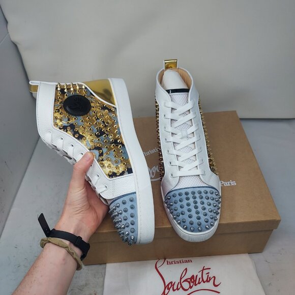 CHRISTIAN LOUBOUTIN White Gold Louis Orlato High Top Stud Sneaker - Picture 9 of 10